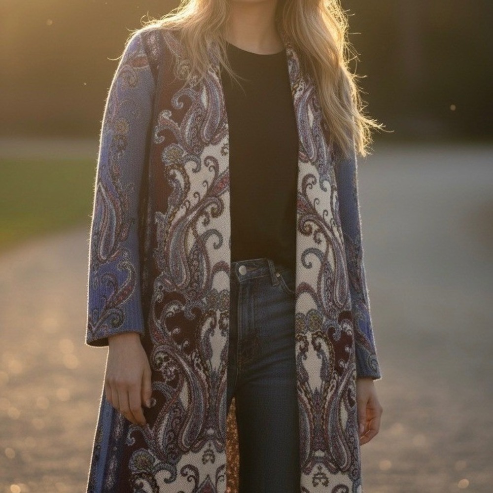 Chicos Paisley Longline Open Cardigan Blue Burgundy Size 2/Large/Sz 12 Duster